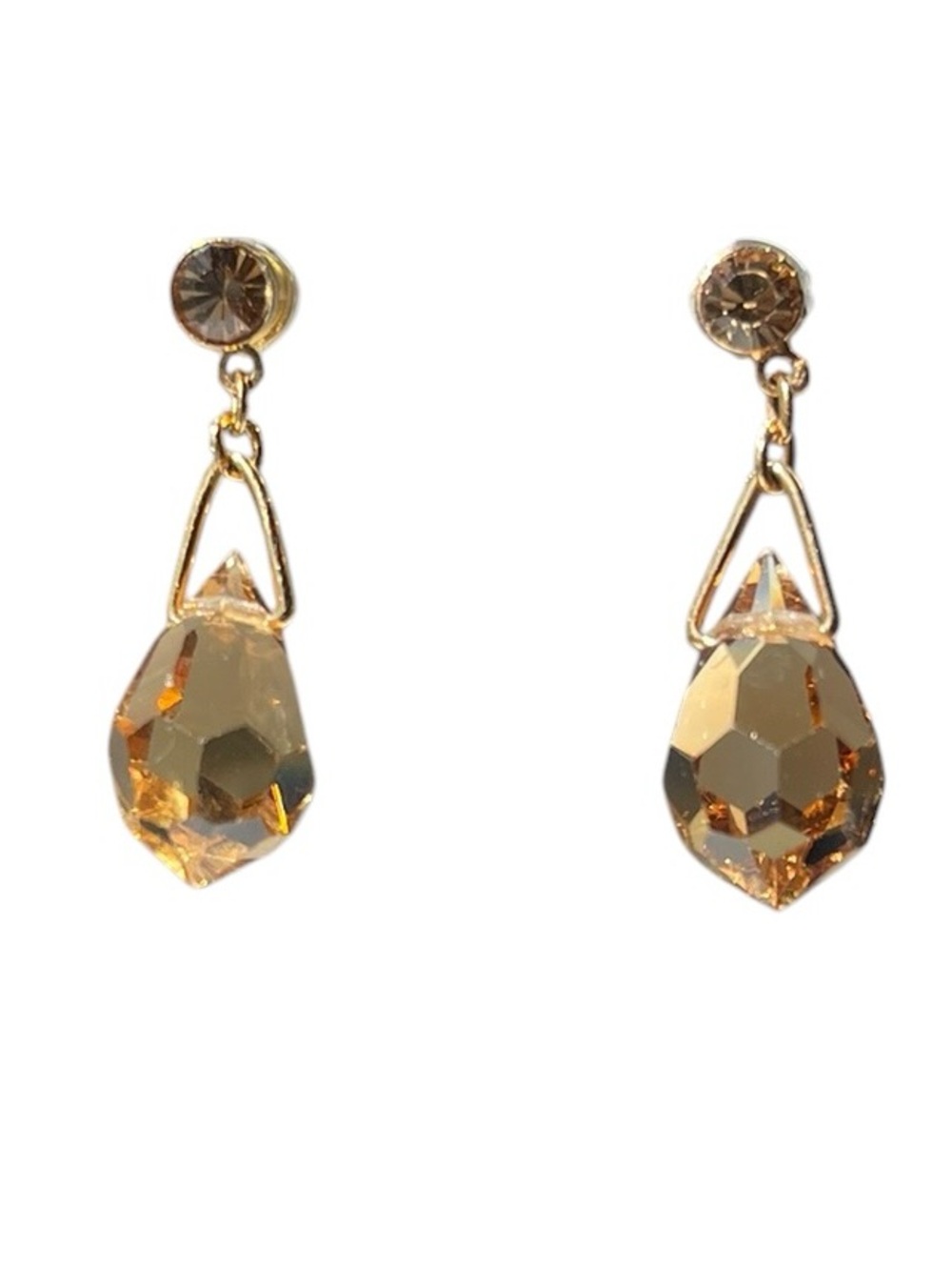 Gold Tone Faceted Amber Quartz Tear Drop Earrings
